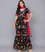 Black floral printed cotton silk sharara set