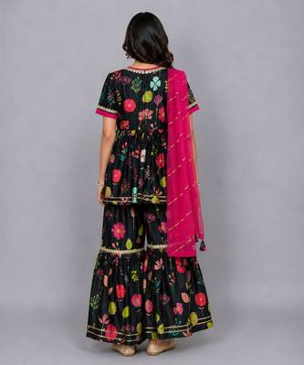 Black floral printed cotton silk sharara set 2