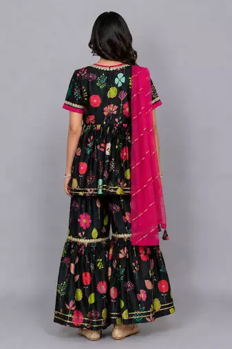 Black floral printed cotton silk sharara set