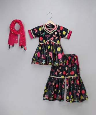 Black floral printed cotton silk sharara set 3