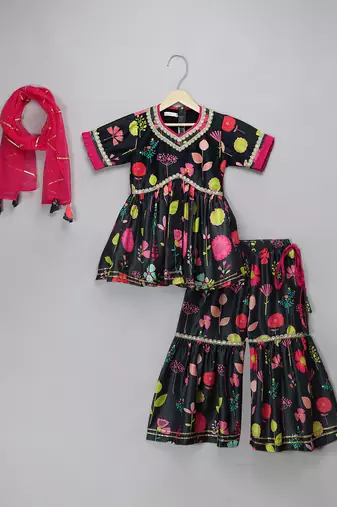 Black floral printed cotton silk sharara set