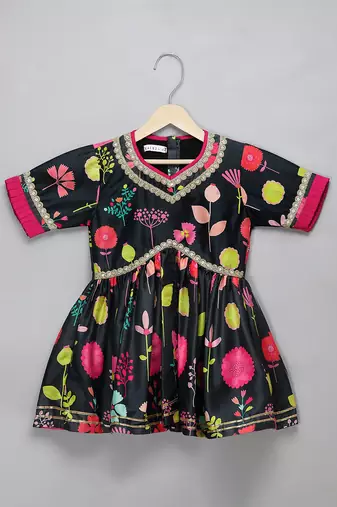 Black floral printed cotton silk sharara set
