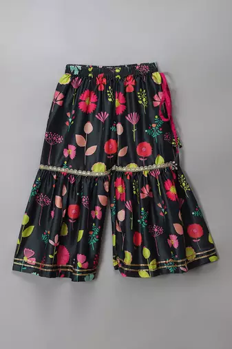 Black floral printed cotton silk sharara set