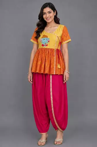 Orange pink embroidered cotton silk georgette kurta set