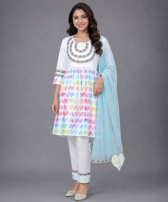 White multicolor printed poplin cotton kurta set 1