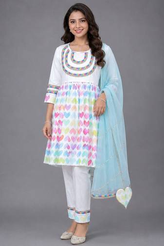White multicolor printed poplin cotton kurta set