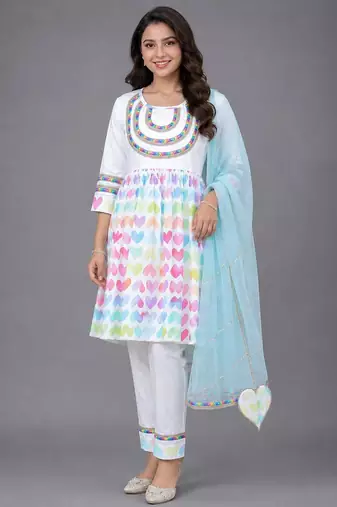 White multicolor printed poplin cotton kurta set