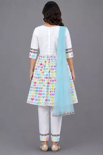 White multicolor printed poplin cotton kurta set