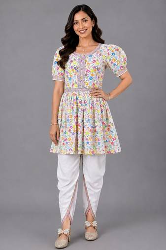 Multicolor printed cotton poplin kurta dhoti set
