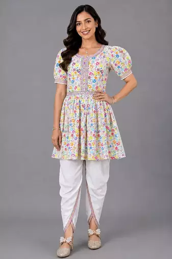 Multicolor printed cotton poplin kurta dhoti set