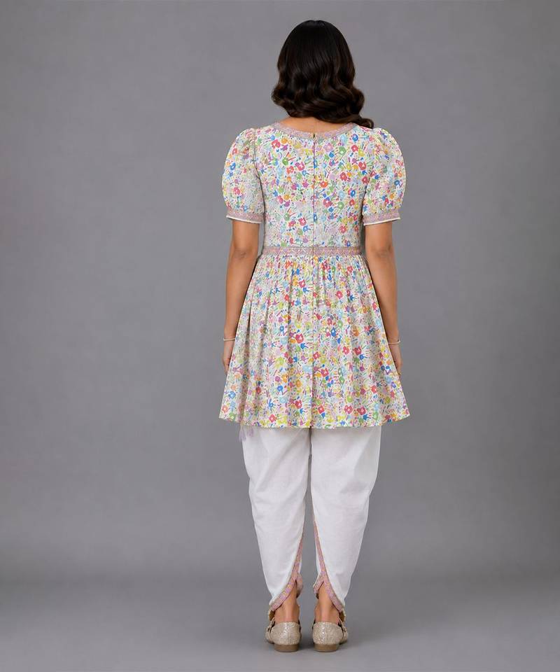 Multicolor printed cotton poplin kurta dhoti set