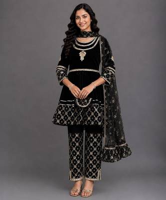Black embroidered velvet silk anarkali set 1