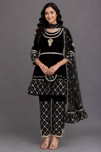 Black embroidered velvet silk anarkali set