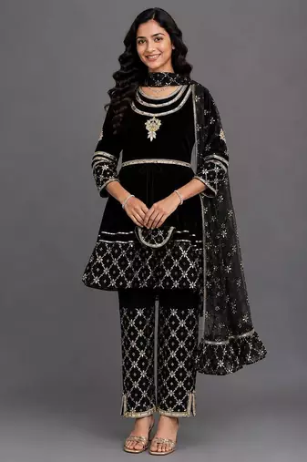 Black embroidered velvet silk anarkali set