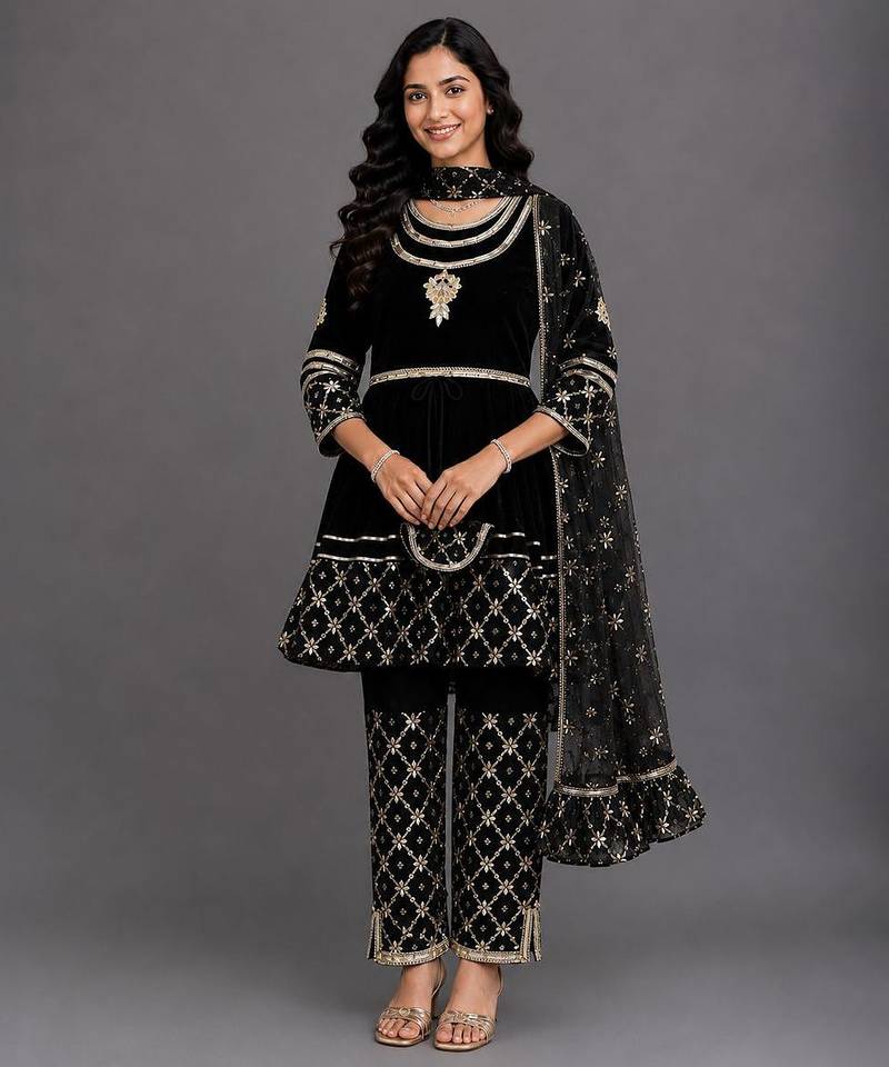 Black embroidered velvet silk anarkali set