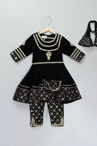 Black embroidered velvet silk anarkali set