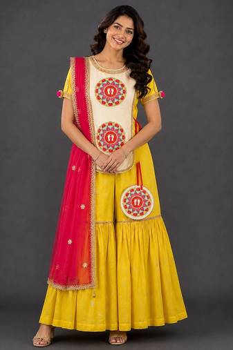Yellow hand woven poplin cotton sharara set