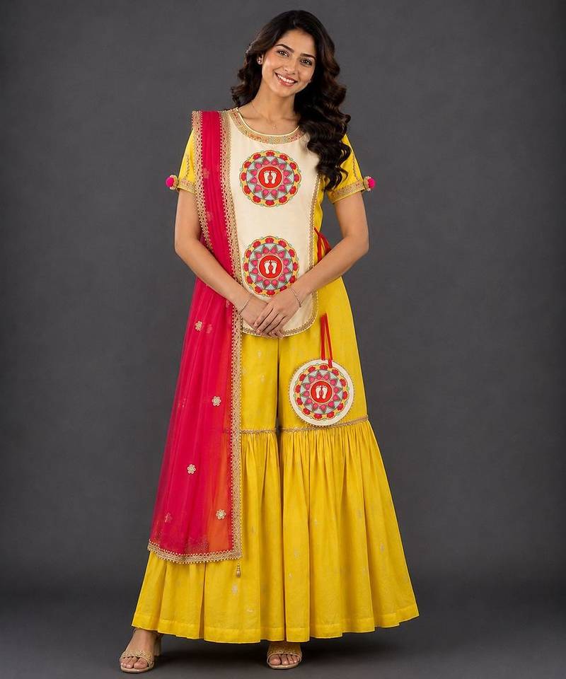 Yellow hand woven poplin cotton sharara set