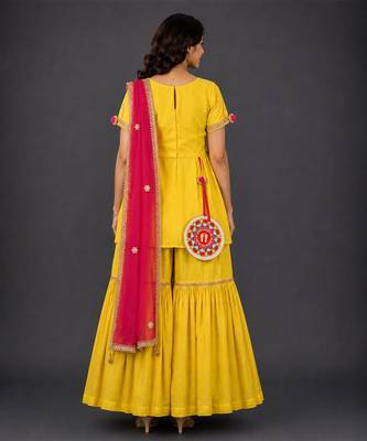 Yellow hand woven poplin cotton sharara set 2