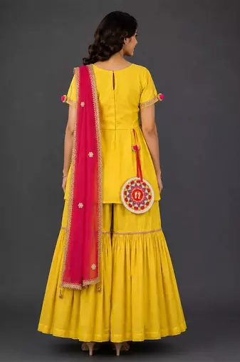 Yellow hand woven poplin cotton sharara set