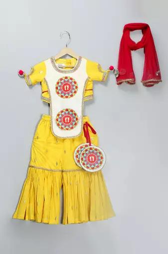 Yellow hand woven poplin cotton sharara set