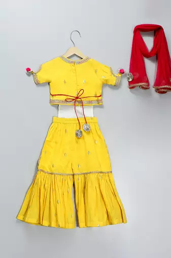 Yellow hand woven poplin cotton sharara set
