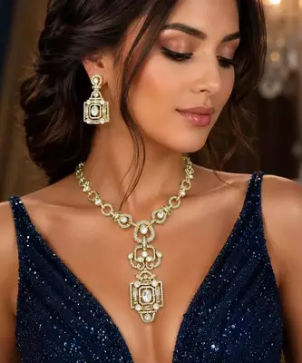 Art Deco Gold Statement Necklace Set, CZ Bridal Jewelry, Vintage Crystal Earrings 1