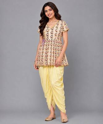 Off white yellow ganpati printed cotton silk kurta dhoti set 1