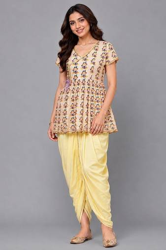 Off white yellow ganpati printed cotton silk kurta dhoti set
