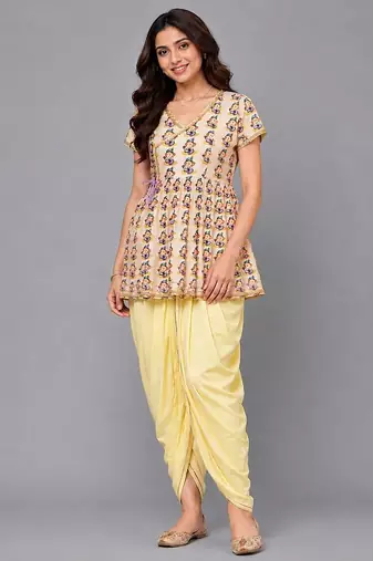 Off white yellow ganpati printed cotton silk kurta dhoti set
