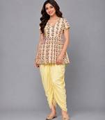 Off white yellow ganpati printed cotton silk kurta dhoti set