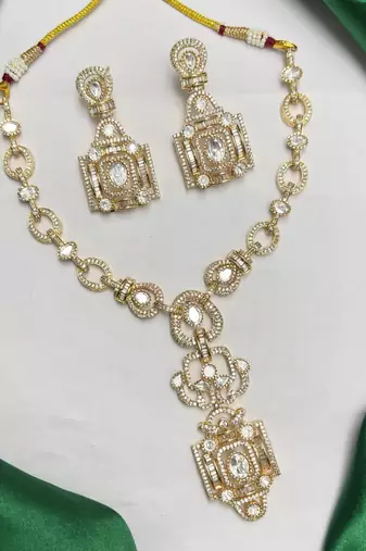 Art Deco Gold Statement Necklace Set, CZ Bridal Jewelry, Vintage Crystal Earrings