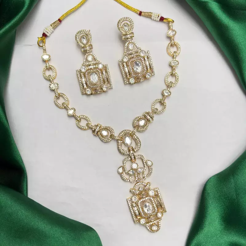 Art Deco Gold Statement Necklace Set, CZ Bridal Jewelry, Vintage Crystal Earrings