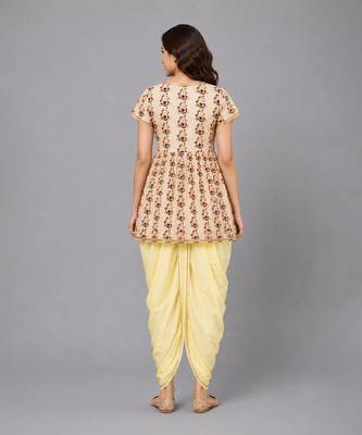 Off white yellow ganpati printed cotton silk kurta dhoti set 2