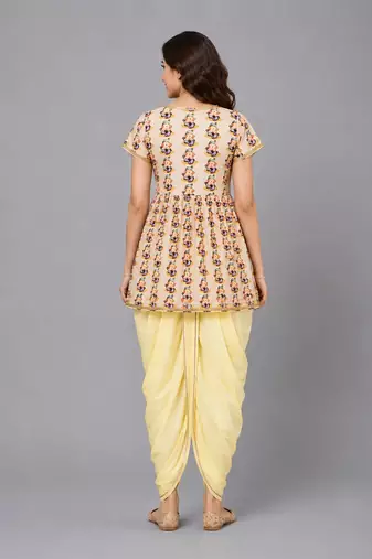 Off white yellow ganpati printed cotton silk kurta dhoti set