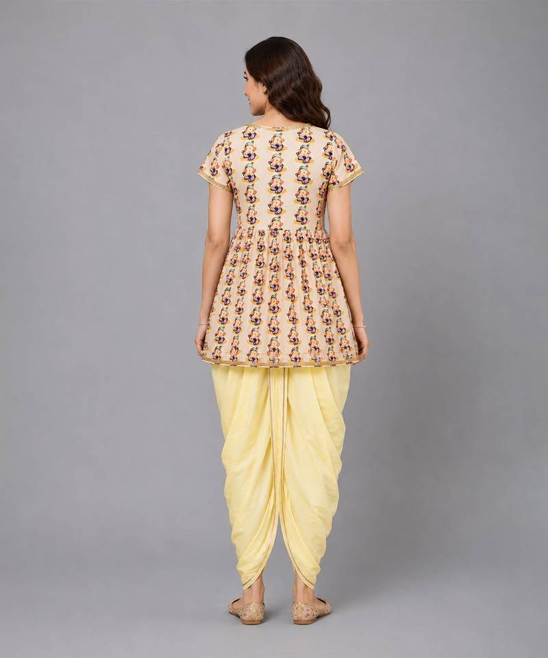 Off white yellow ganpati printed cotton silk kurta dhoti set
