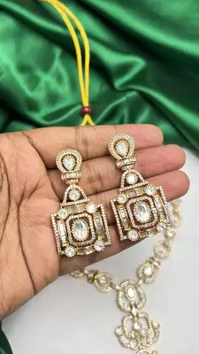 Art Deco Gold Statement Necklace Set, CZ Bridal Jewelry, Vintage Crystal Earrings 3