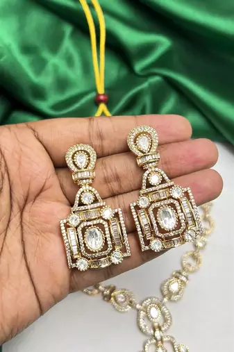 Art Deco Gold Statement Necklace Set, CZ Bridal Jewelry, Vintage Crystal Earrings