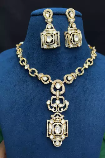 Art Deco Gold Statement Necklace Set, CZ Bridal Jewelry, Vintage Crystal Earrings