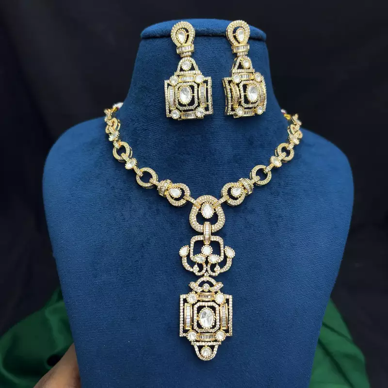 Art Deco Gold Statement Necklace Set, CZ Bridal Jewelry, Vintage Crystal Earrings