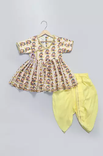 Off white yellow ganpati printed cotton silk kurta dhoti set