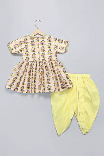 Off white yellow ganpati printed cotton silk kurta dhoti set