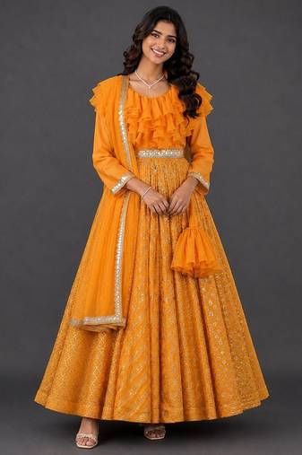 Orange hand woven organza cotton silk anarkali set