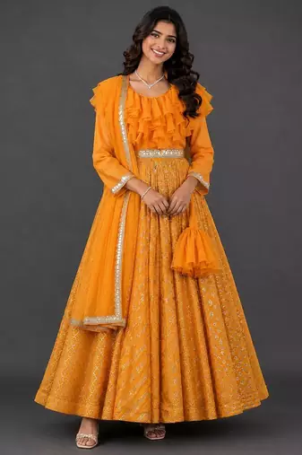 Orange hand woven organza cotton silk anarkali set