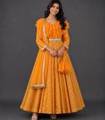 Orange hand woven organza cotton silk anarkali set