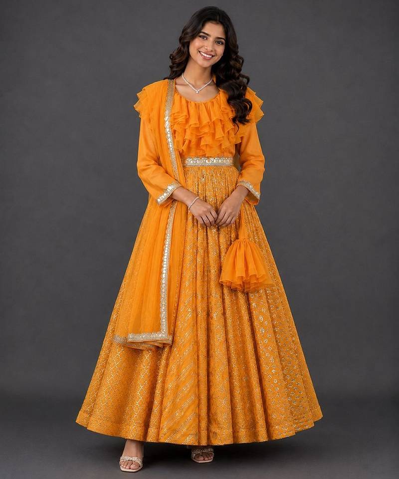 Orange hand woven organza cotton silk anarkali set