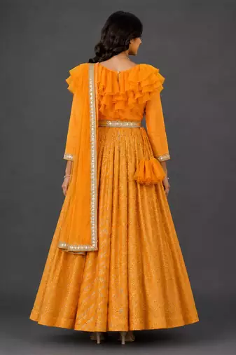 Orange hand woven organza cotton silk anarkali set