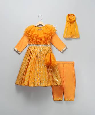 Orange hand woven organza cotton silk anarkali set 3