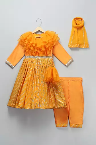 Orange hand woven organza cotton silk anarkali set