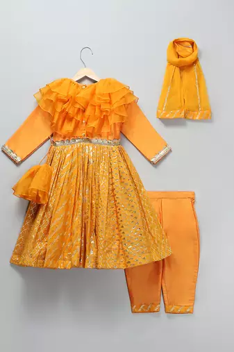 Orange hand woven organza cotton silk anarkali set